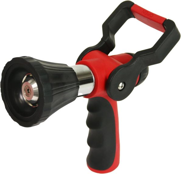 4699: Firefighter Water Cannon Hose Nozzle, Fireman Spray Nozzle with Ergonomic Grip and Threaded Hose Connection, Adjustable Twist Nozzle, Lever On/Off Control, Red/Black