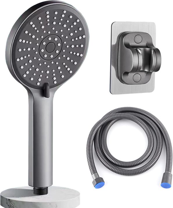 Water Heater Shower Set, 5-Mode Spray Handheld Showerhead with 59 Inch Long Stainless Steel Burst-resistant Hose and Damage-free Wall Shower Holder, Anti-clog Nozzles Water Saving Showerhead, Gun Gray