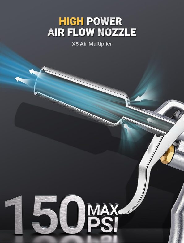 High Volume Air Blow Gun with Powerful Venturi Nozzle, Brass Adjustable Air Nozzle Blow Gun w/ 2 Steel Extension, Pneumatic Air Blower Tool for Air Compressor Accessories Dust Cleaning - Image 2