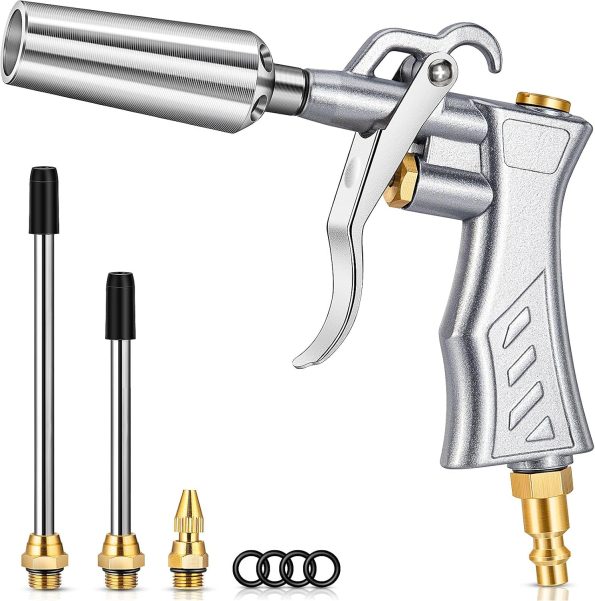 High Volume Air Blow Gun with Powerful Venturi Nozzle, Brass Adjustable Air Nozzle Blow Gun w/ 2 Steel Extension, Pneumatic Air Blower Tool for Air Compressor Accessories Dust Cleaning